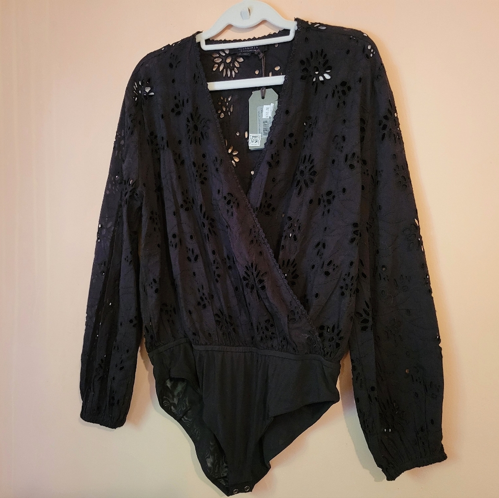 All Saints Black Amara Broderie Bodysuit, Eyelet Design, NWT, Size 6 - Picture 10 of 16
